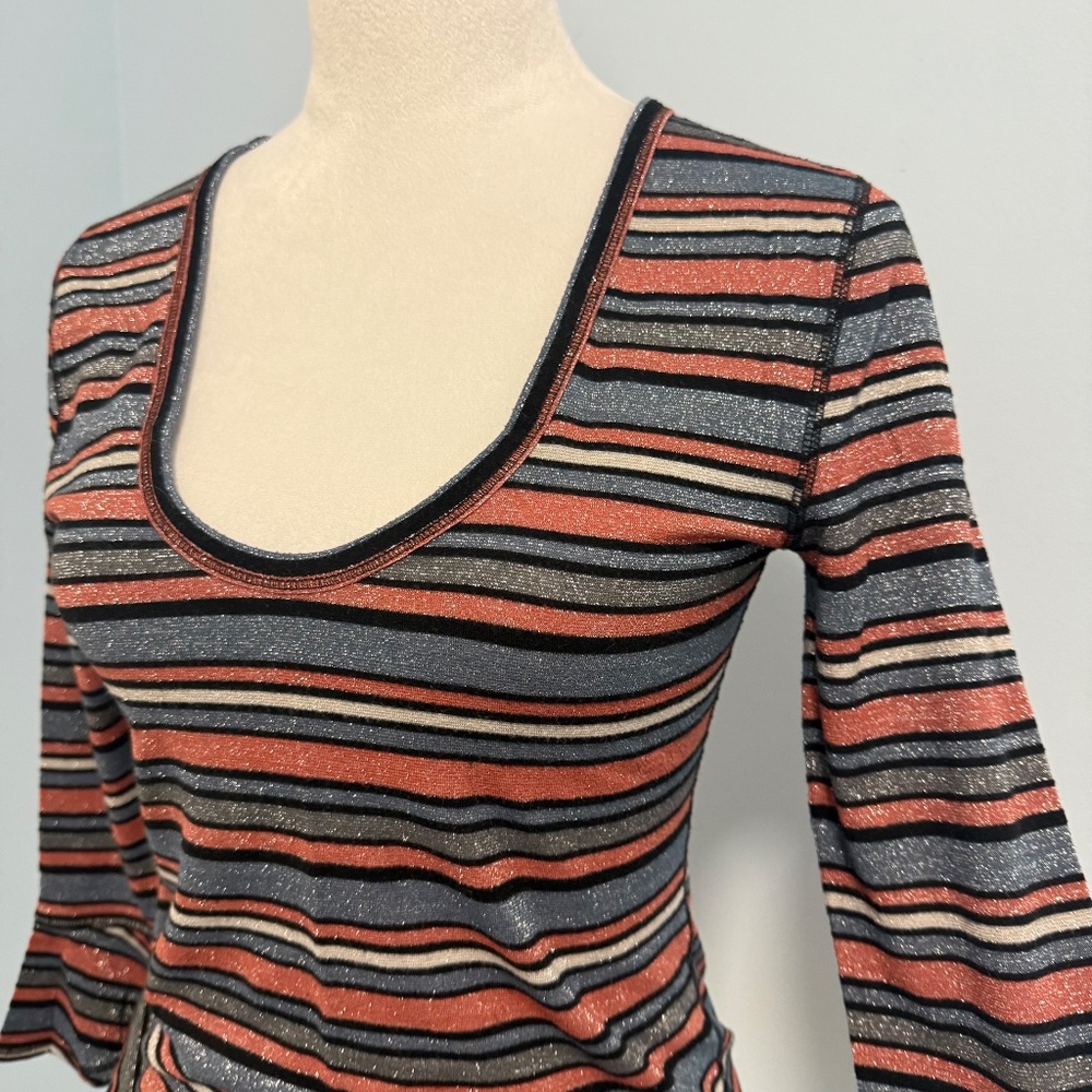 FREE PEOPLE Surprise Party Metallic Striped 3/4 Bell‎ Sleeve Top Blouse Size M - Picture 2 of 7